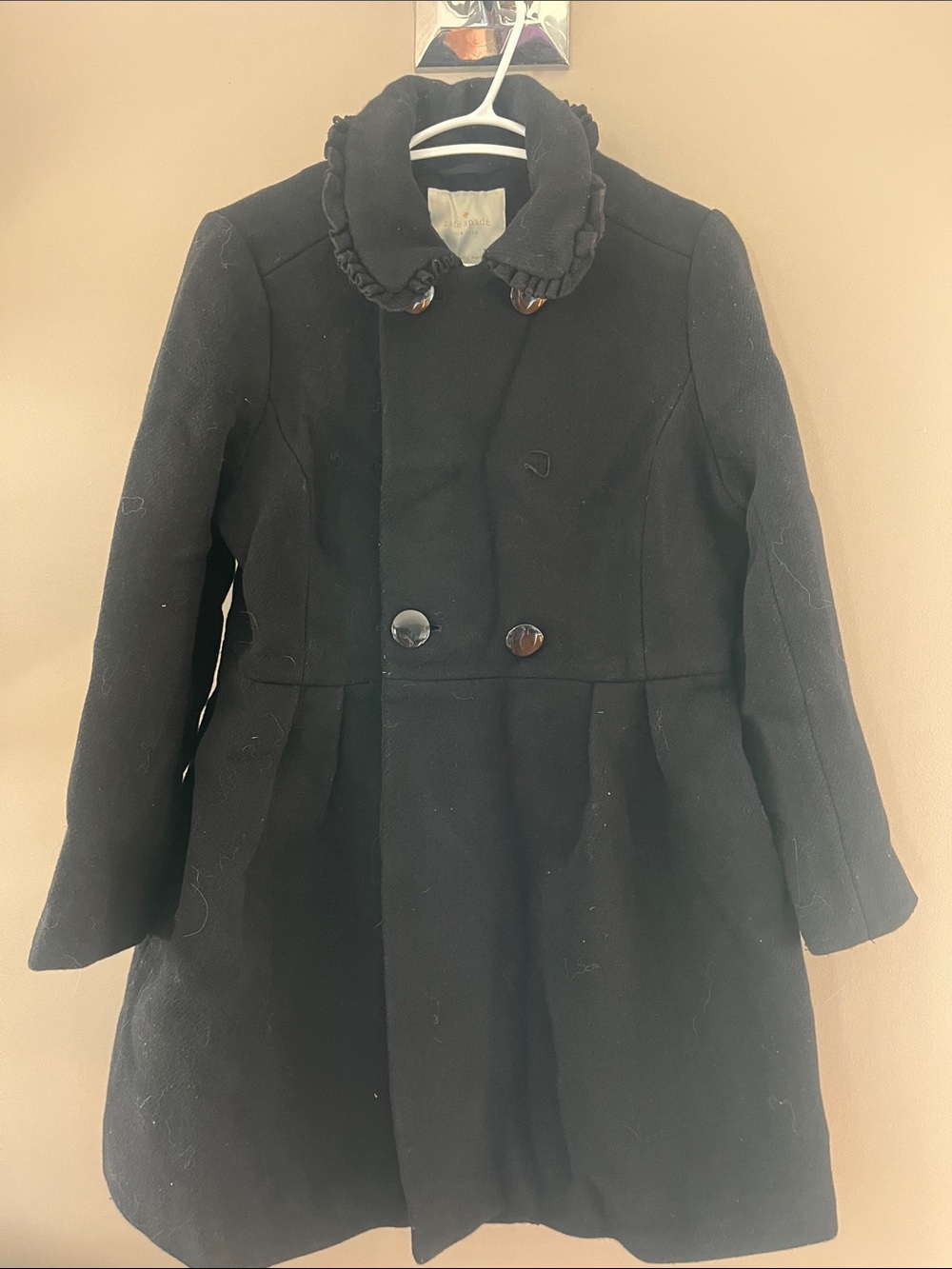 kate spade Black Double-Breasted bow back Pea Coat with Ruffle Collar